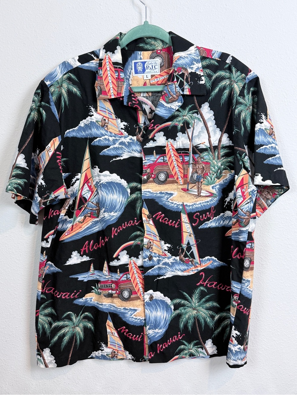 RJC Black Hawaiian Windsurfing Print Short-Sleeve Button-Down Shirt L